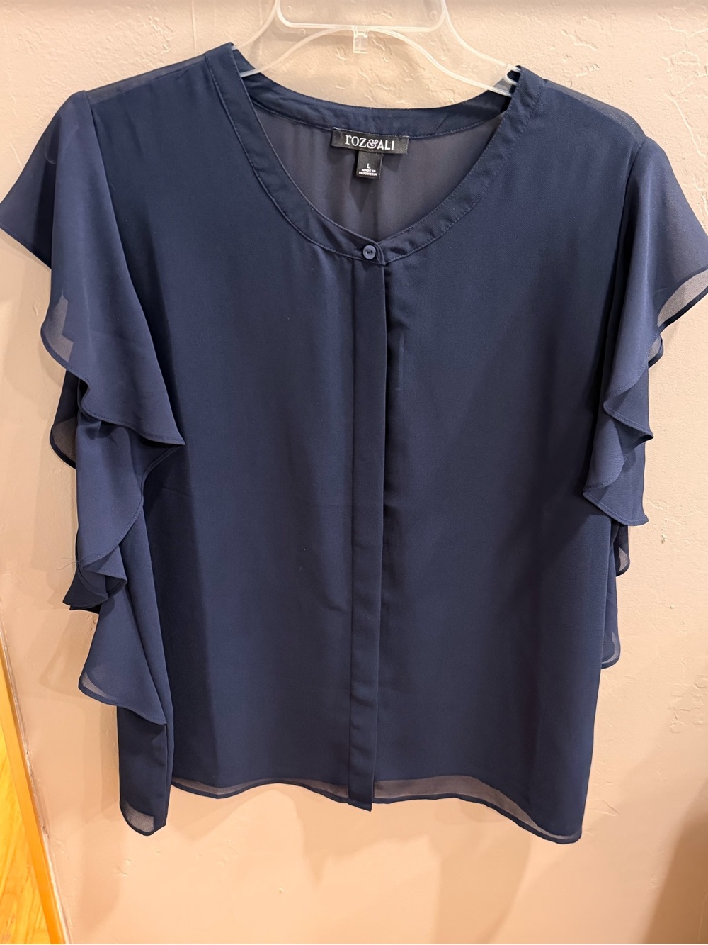 Roz & Ali Navy Ruffle Sleeve Chiffon Blouse #710